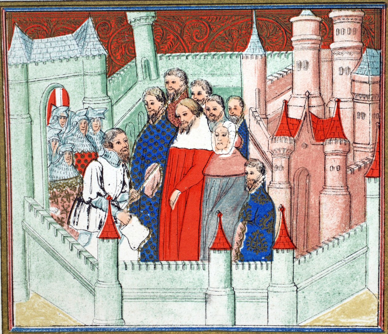 理查德二世在弗林特城堡被囚犯送到Bolingbroke，他的竞争对手，来自Le Prinse et Mort du Roy Richart的Jean Creton的传真副本，转载19世纪（颜色） 作者 法语学校