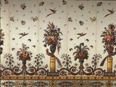 纺织品与古典花瓶和骨灰盒，鲜花和天堂鸟，由Cousin和Bony，Bissardon，里昂，1811年（刺绣缎） 作者 法语学校
