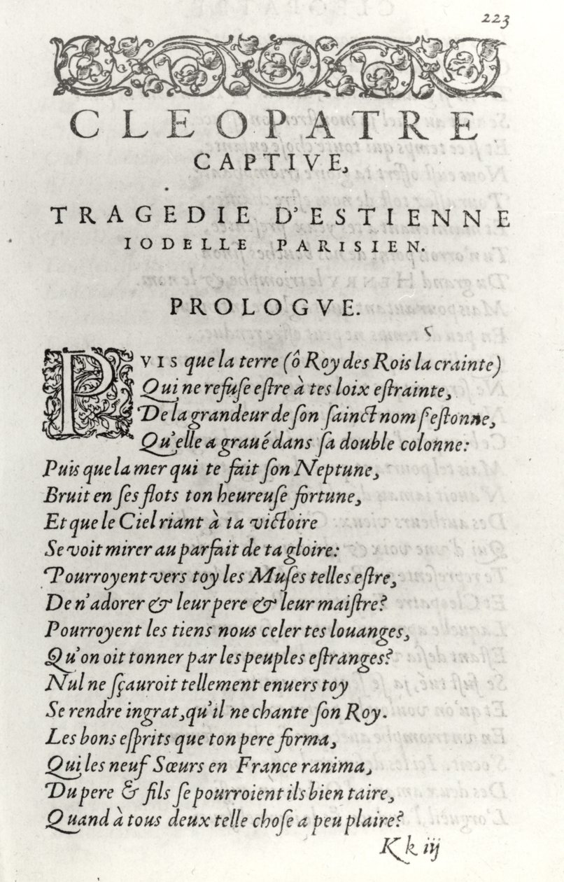 Cleopatre Captive的标题页，作者：Etienne Jodelle（1532-73）1574 作者 法语学校