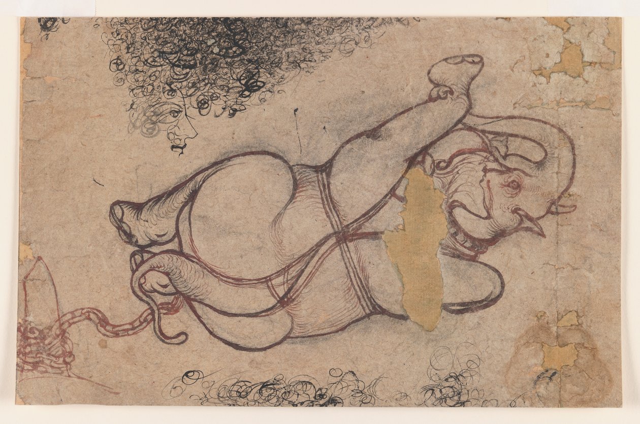 大象在链子，c.1780（红色和黑色在纸上） 作者 印度学校