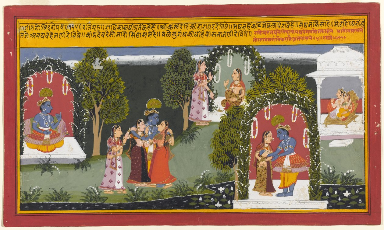 Kama和Rati见证了Krishna和Radha的重聚，来自Gita Govinda系列，1714年（不透明的wc＆黄金在纸上） 作者 印度学校