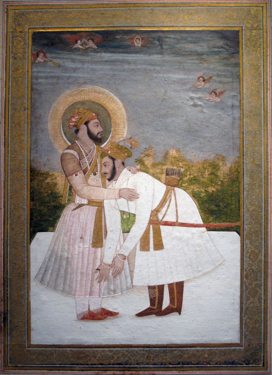 Shah Jahan拥抱他的儿子Aurangzeb，1750（水粉和金） 作者 印度学校