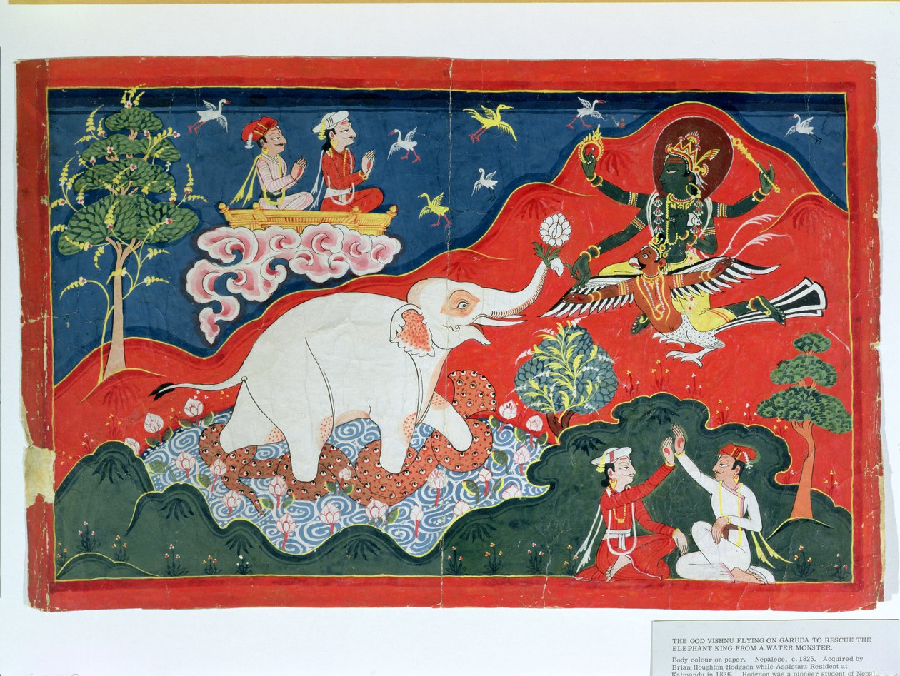 上帝毗湿奴飞上嘉鲁达从水上怪物拯救大象王，尼泊尔，1825 作者 印度学校