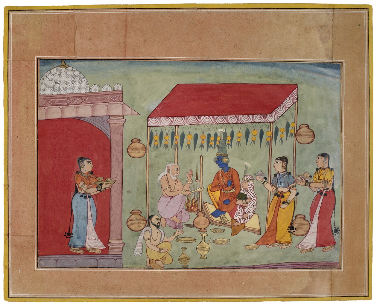 克里希纳和鲁克米尼的婚姻，1590-1600（纸上有金色的水粉） 作者 印度学校