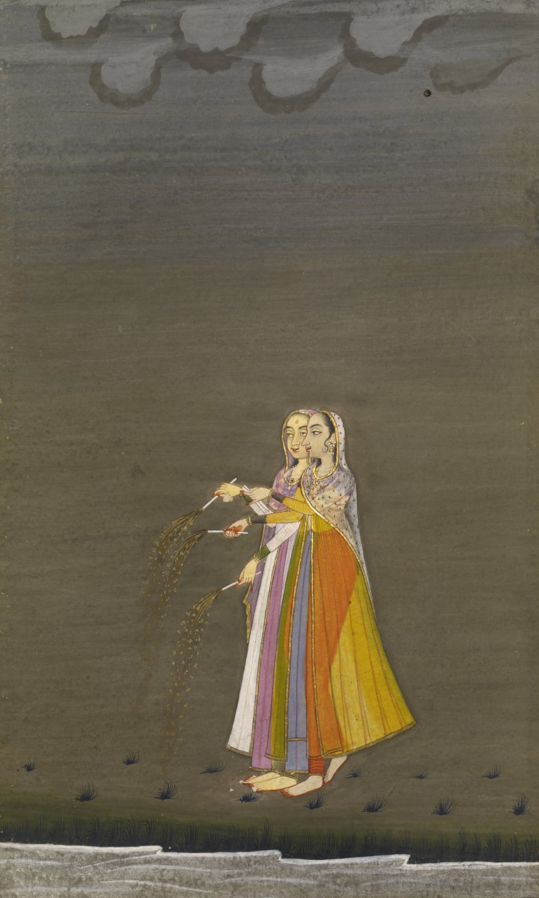 两个Nautch女孩与烟火在排灯节节日晚上的流，Bikaner风格，1790-1800（专辑叶;水银与纸上的金色水粉） 作者 印度学校