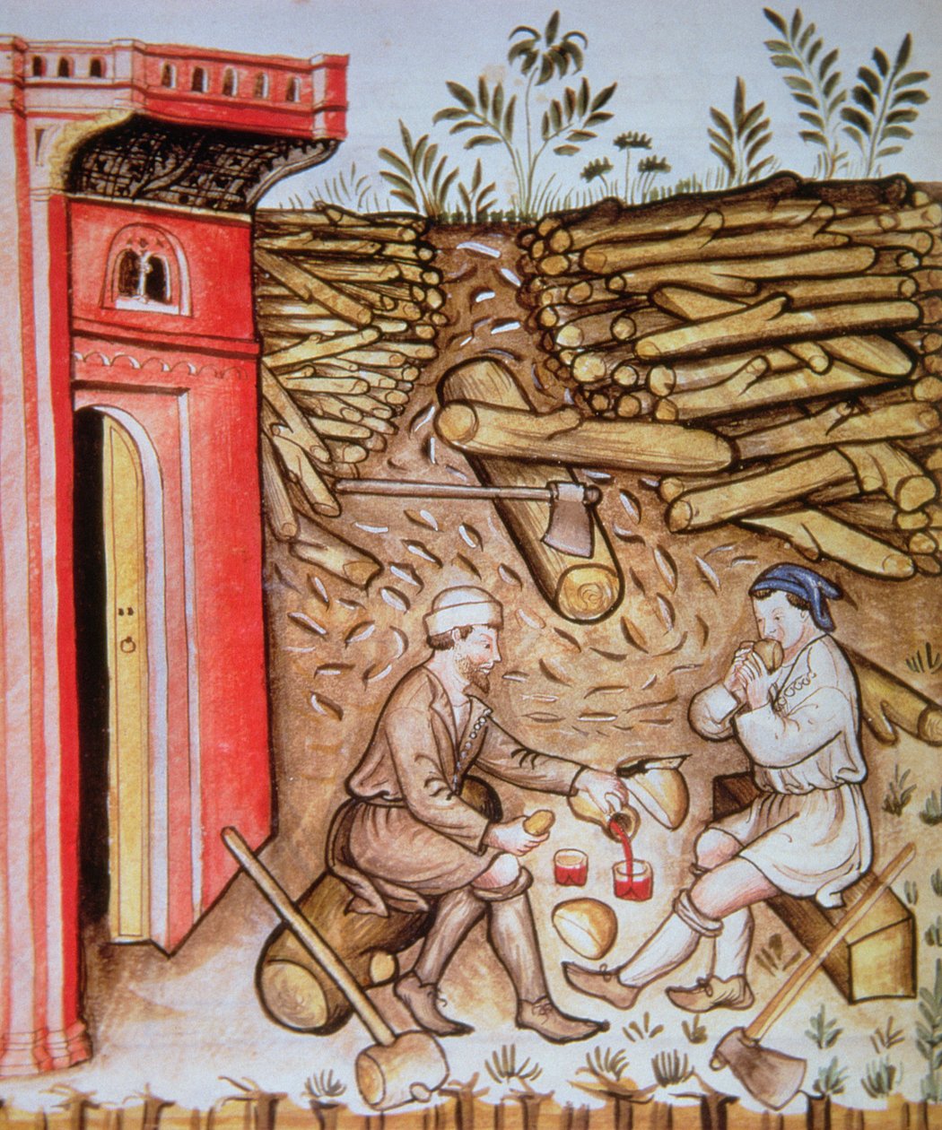 Fol.64r吃面包和喝酒，Tacuinum Santiatis Codex Vindobonensis的插图 作者 意大利学校