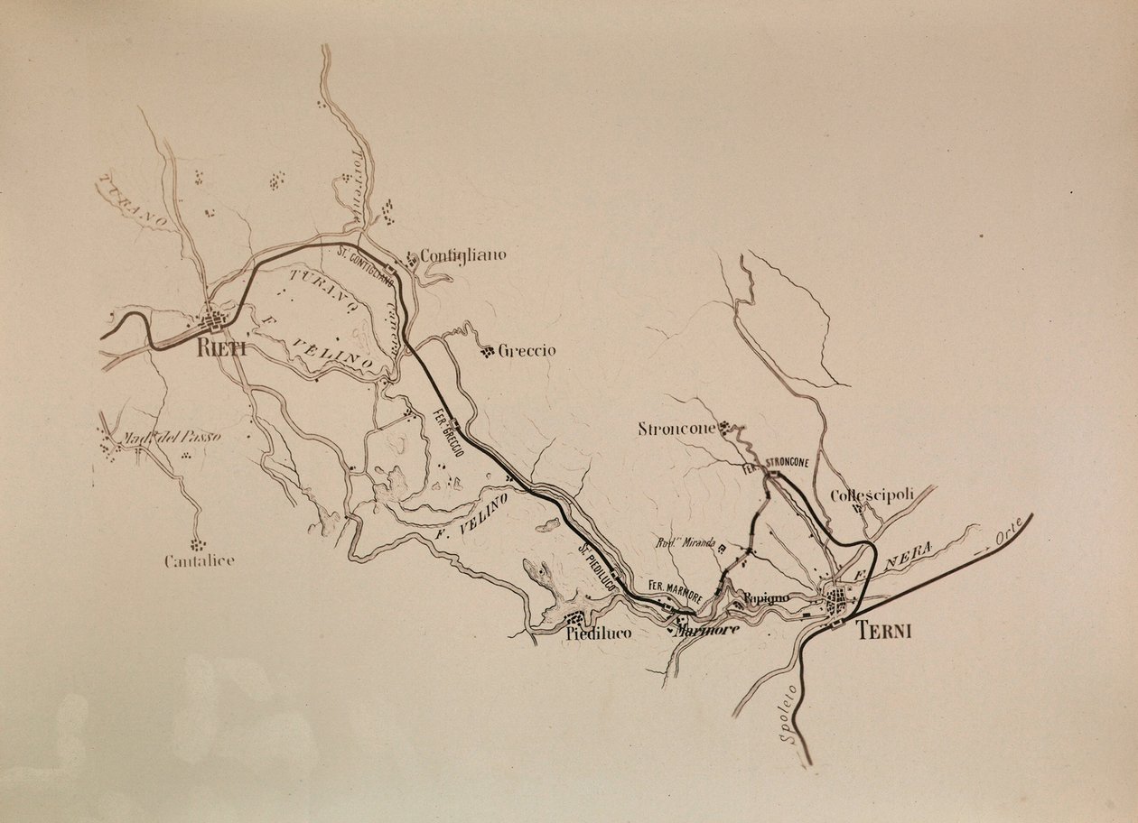 Societa Italiana为南部铁路轨道：1883年Terni-Rieti铁路线的地图 作者 意大利学校