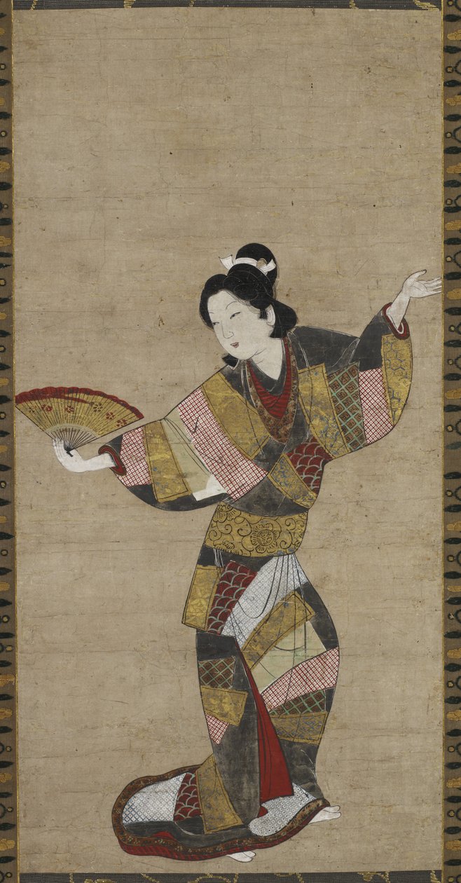 风扇舞者，c。 1640-1650（墨水，颜色，金色和贝壳白色在纸上） 作者 日本学校