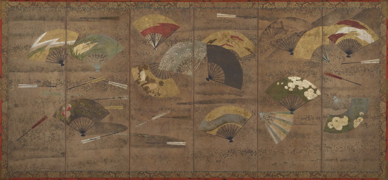 装饰风扇，屏幕（六面板），17世纪初（纸张上的颜色，墨水和金色） 作者 日本学校