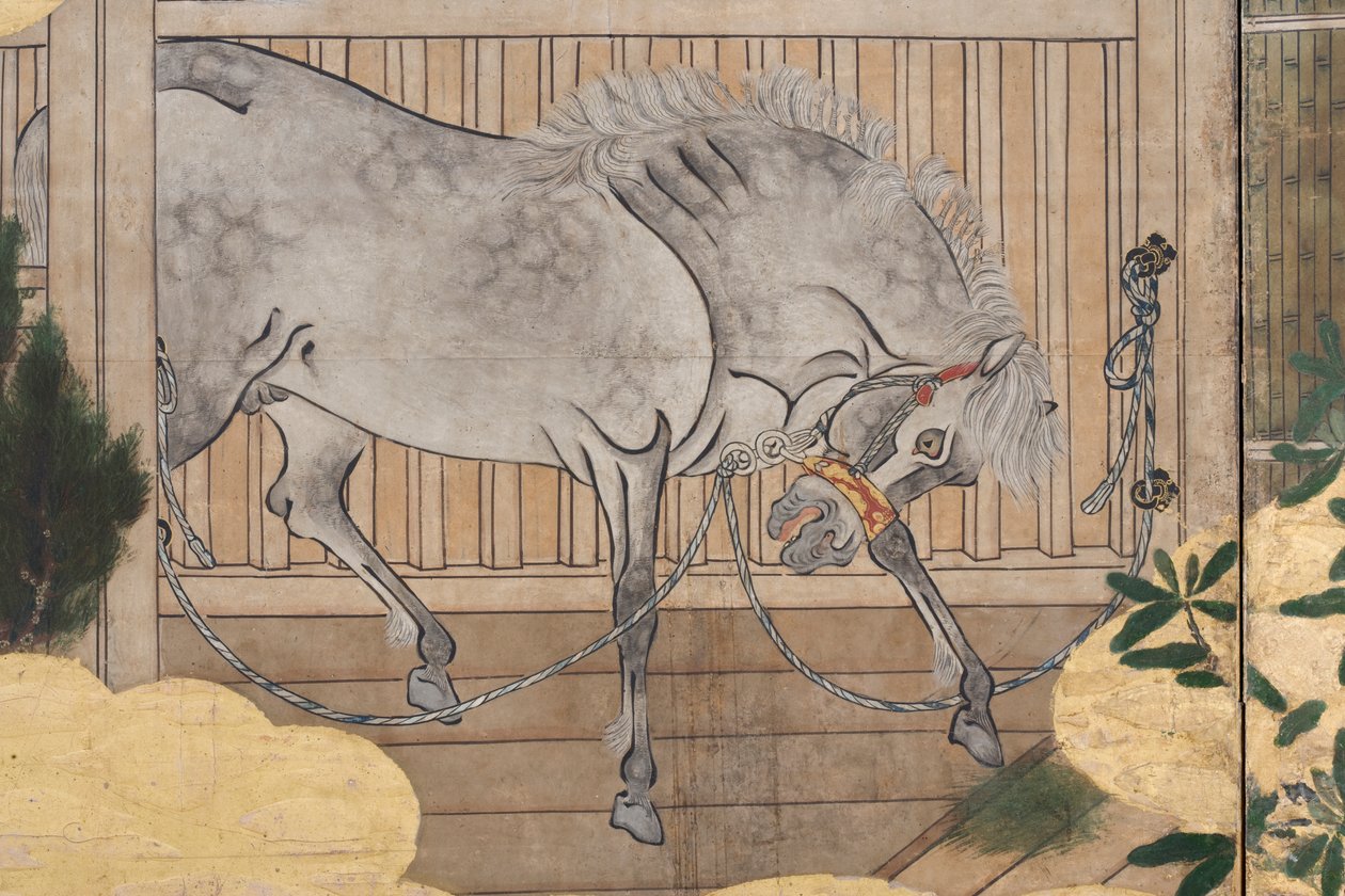 宫殿里的春天的细节，源于源氏物语的六重屏幕，c.1650（墨水，颜色和纸上的黄金） 作者 日本学校