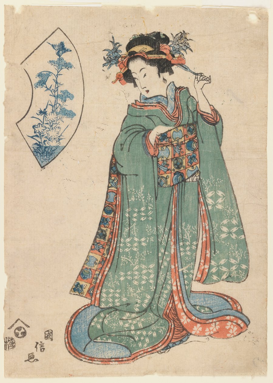 Kuninobu，一个女人紧固她的头饰，c.1815-1820（woodblock print） 作者 日本学校