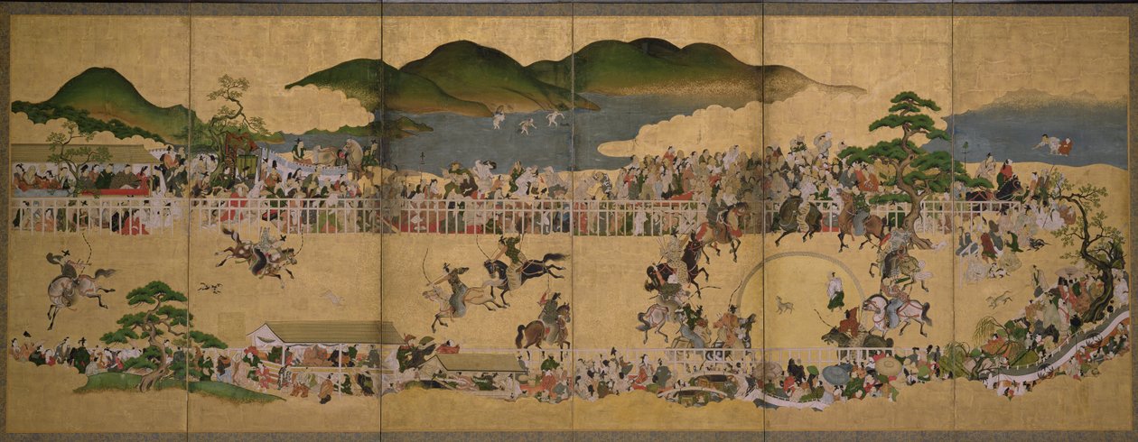 6倍屏幕描绘狗追逐比赛，日语，1624-43（墨水，油漆和黄金在纸上） 作者 日本学校