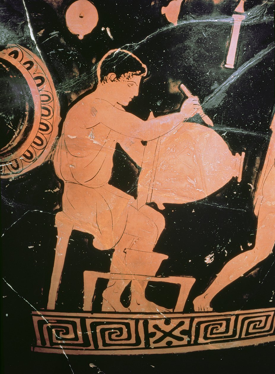 阁楼红色图铃铛，详细显示陶工绘画钟楼，c.430-425 BC（陶瓷）（细节从100556） 作者 科马里斯画家