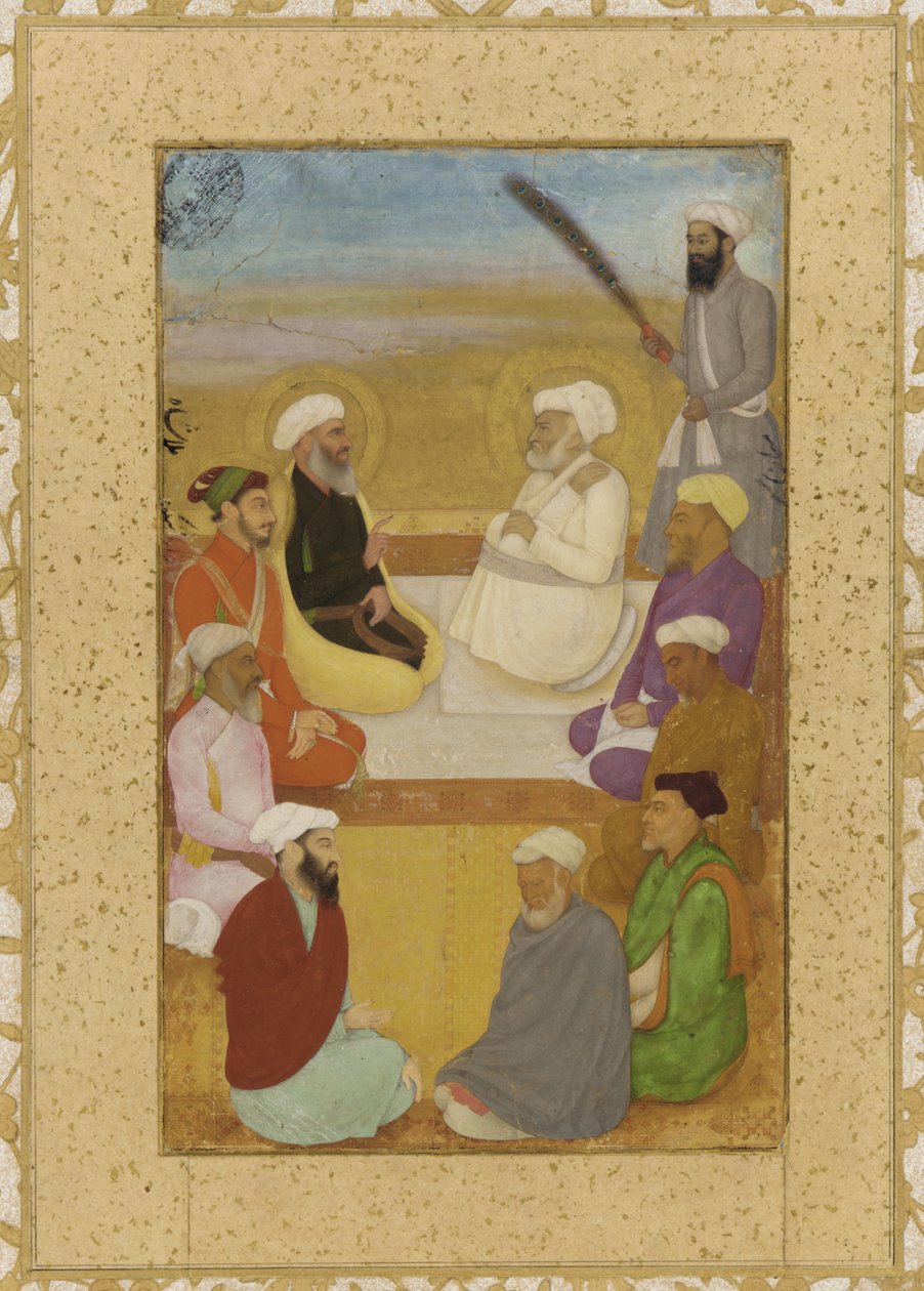 Dara Shikoh与Mian Mir和Mulla Shah，独立专辑对开，绘画，c.1640（不透明的水彩，墨水和金纸在纸板上） 作者 莫卧儿学校