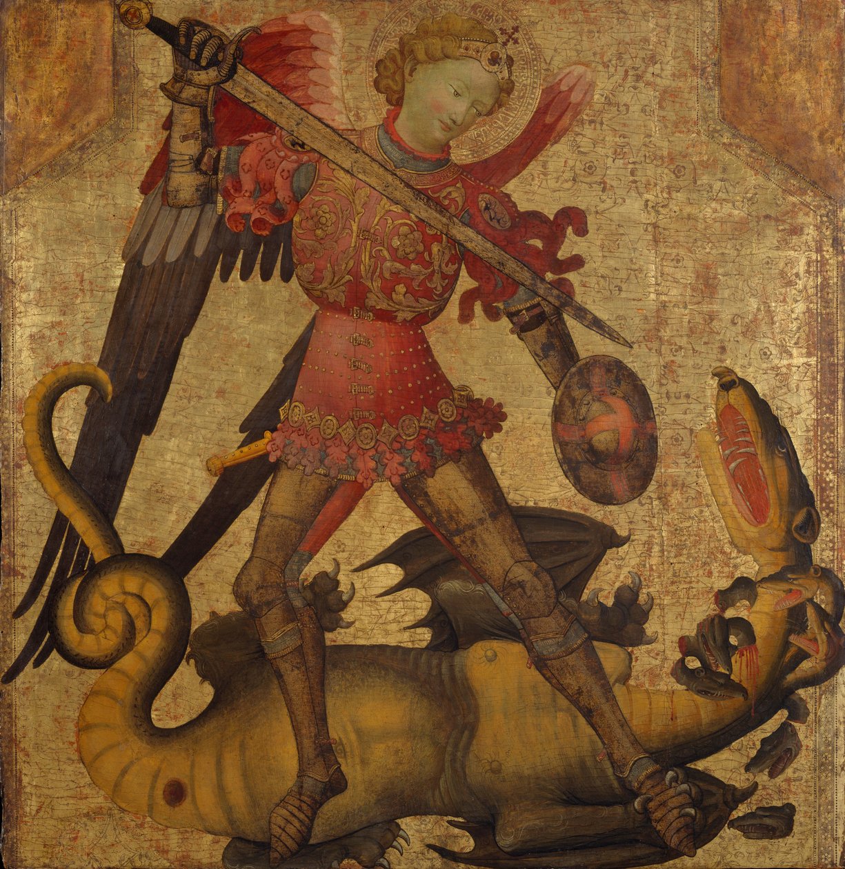 圣迈克尔和龙，c.1405（木材上的蛋彩画，金色地面） 作者 西班牙语学校