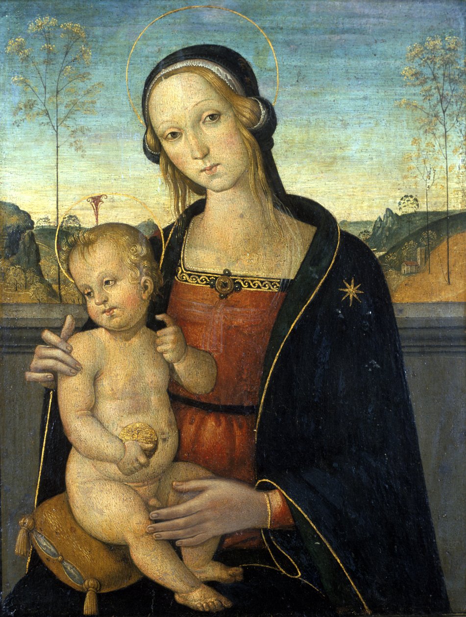 麦当娜和儿童，c.1500（木头上的蛋彩画） 作者 提比略达西西
