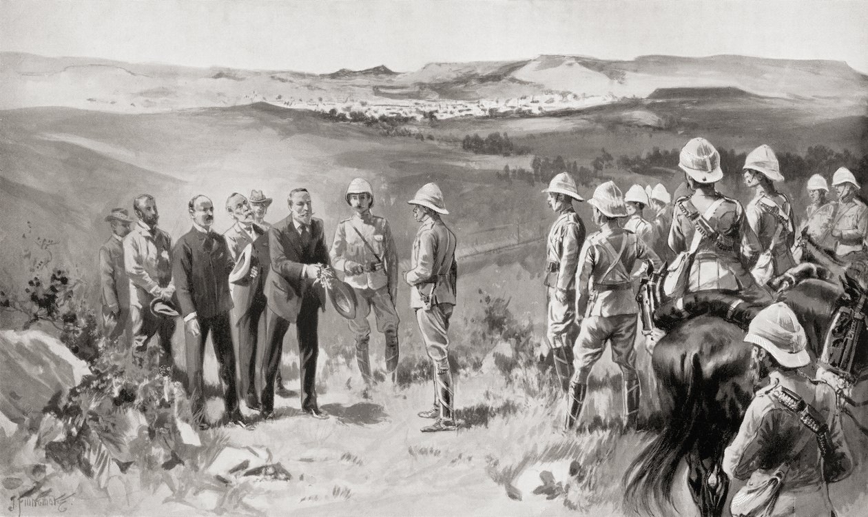 1900年3月14日，由南非和路易斯·克雷斯威克（Louis Creswicke）出版的“跨越国战争”一书中，帕夫芬斯坦先生，帕彭纳先生，凯尔纳先生和柯林斯先生正式向罗伯茨勋爵投降。 1900 作者 不明