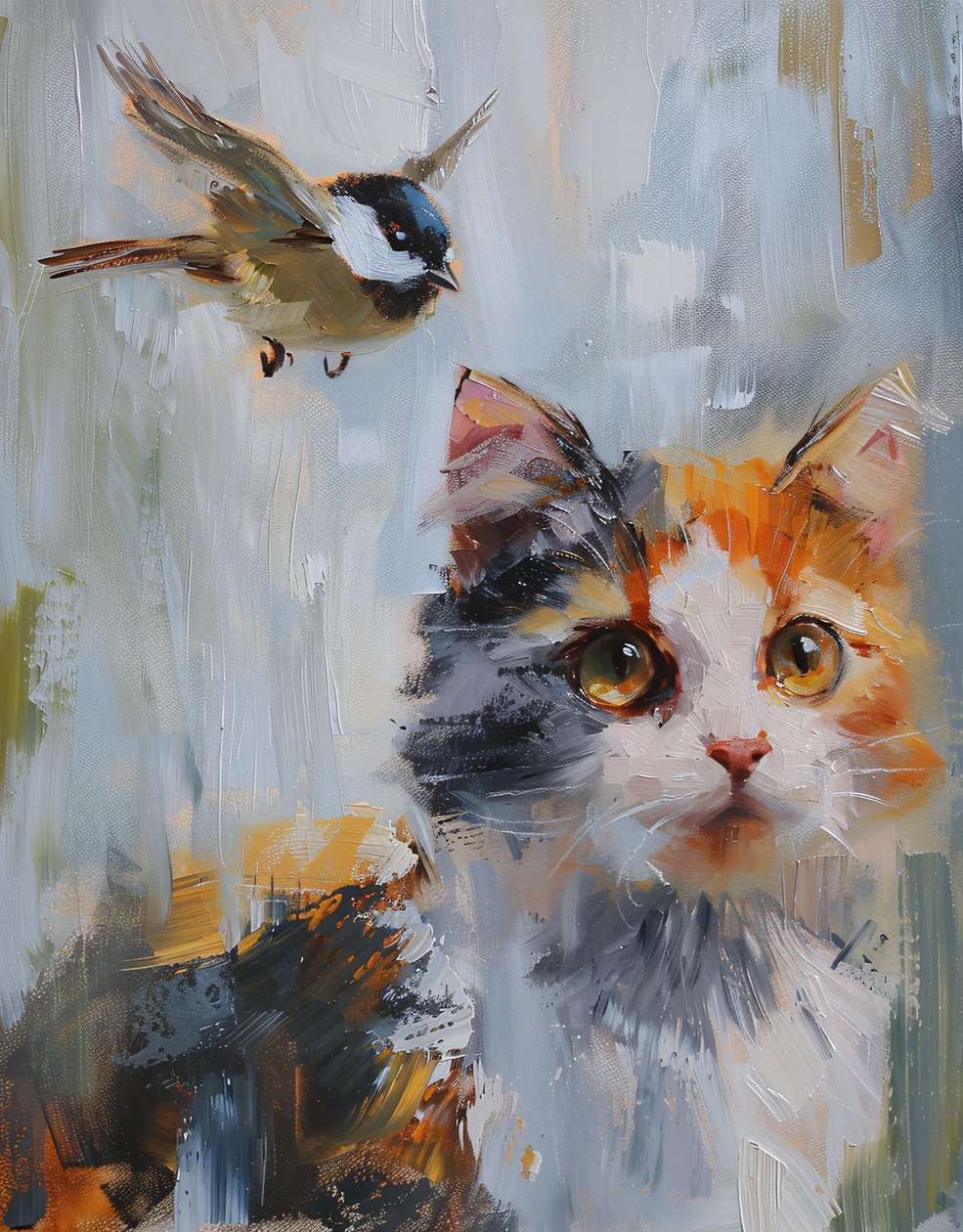 抽象油画：橙色和灰色花猫和小鸟壁画版画 作者 法赫塔利·阿卜杜勒拉希姆