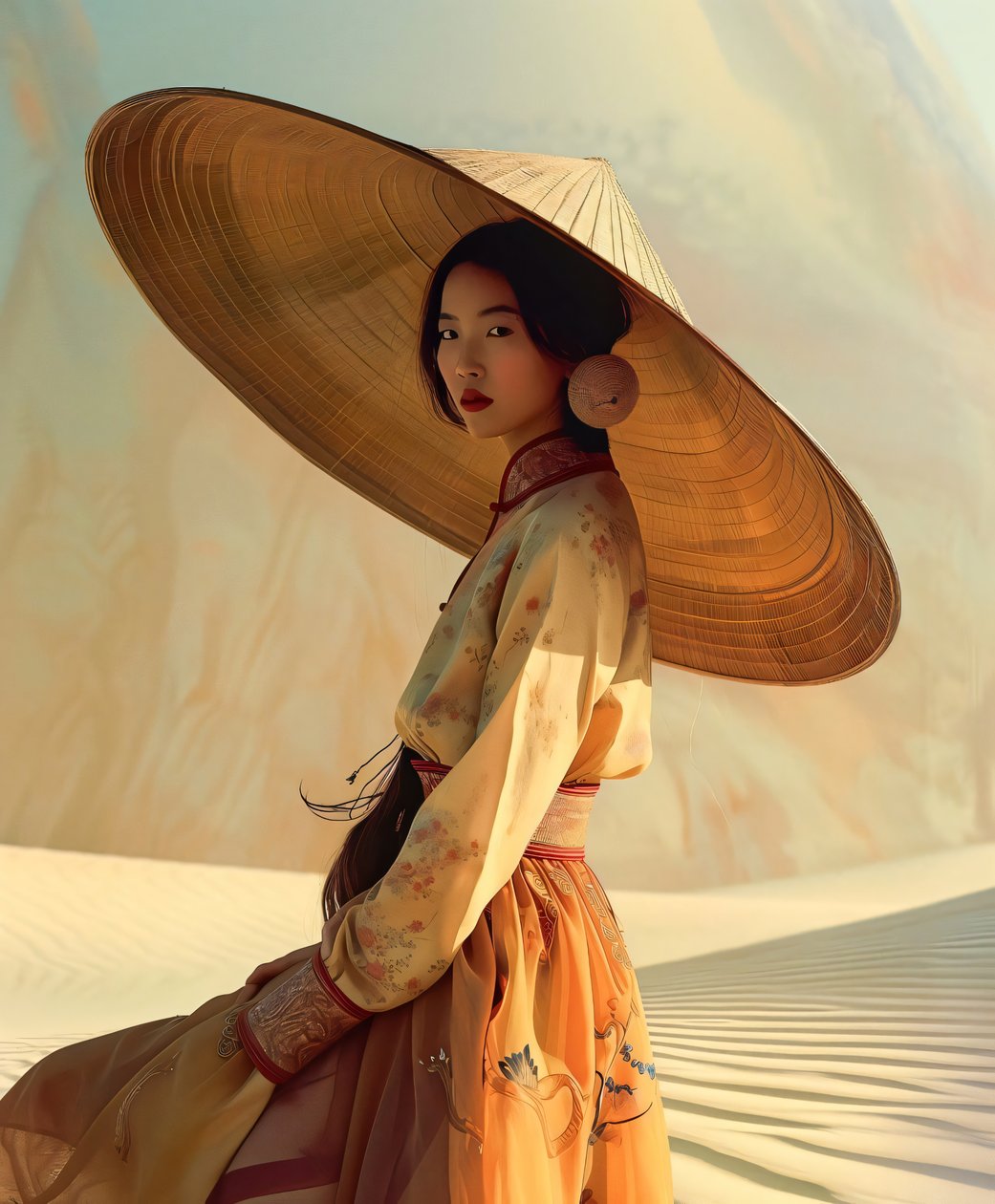 沙漠中身着黄色和服的中国妇女｜亚洲人物挂画 作者 法赫塔利·阿卜杜勒拉希姆