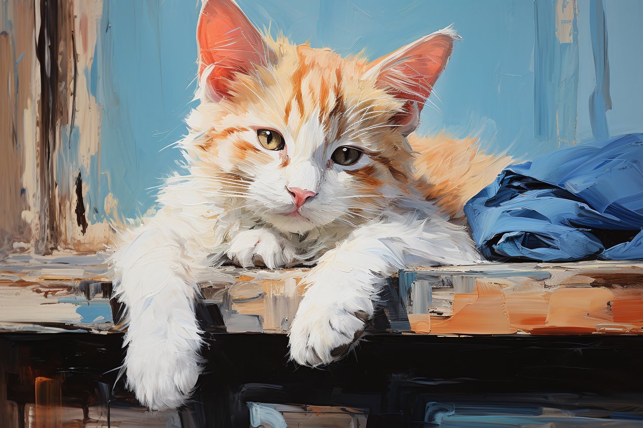 休息的金发猫画在画布上，宠物艺术印刷品，动物墙饰 作者 法赫塔利·阿卜杜勒拉希姆