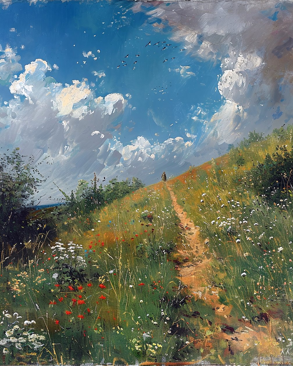 乡村连绵起伏的风景，壁画装饰和帆布印花 作者 法赫塔利·阿卜杜勒拉希姆
