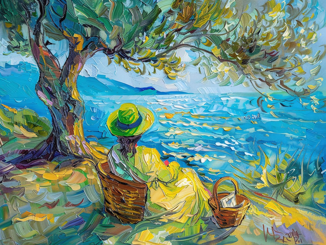 彩色抽象油画《现代女性与绿色和蓝色》，墙饰 作者 法赫塔利·阿卜杜勒拉希姆