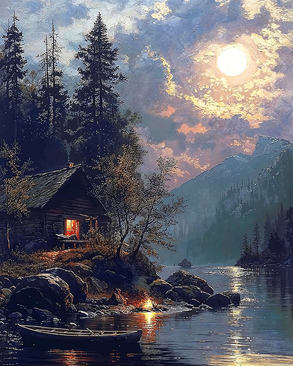在月光下绘制的湖边小屋，打印墙面装饰创意 作者 法赫塔利·阿卜杜勒拉希姆