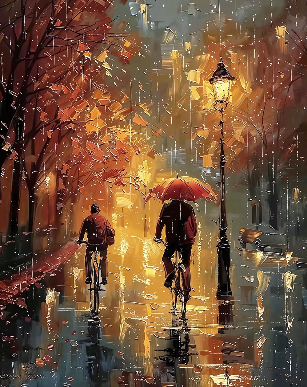 骑自行车的人在雨中的街道中央骑车, 室内墙壁装饰 作者 法赫塔利·阿卜杜勒拉希姆