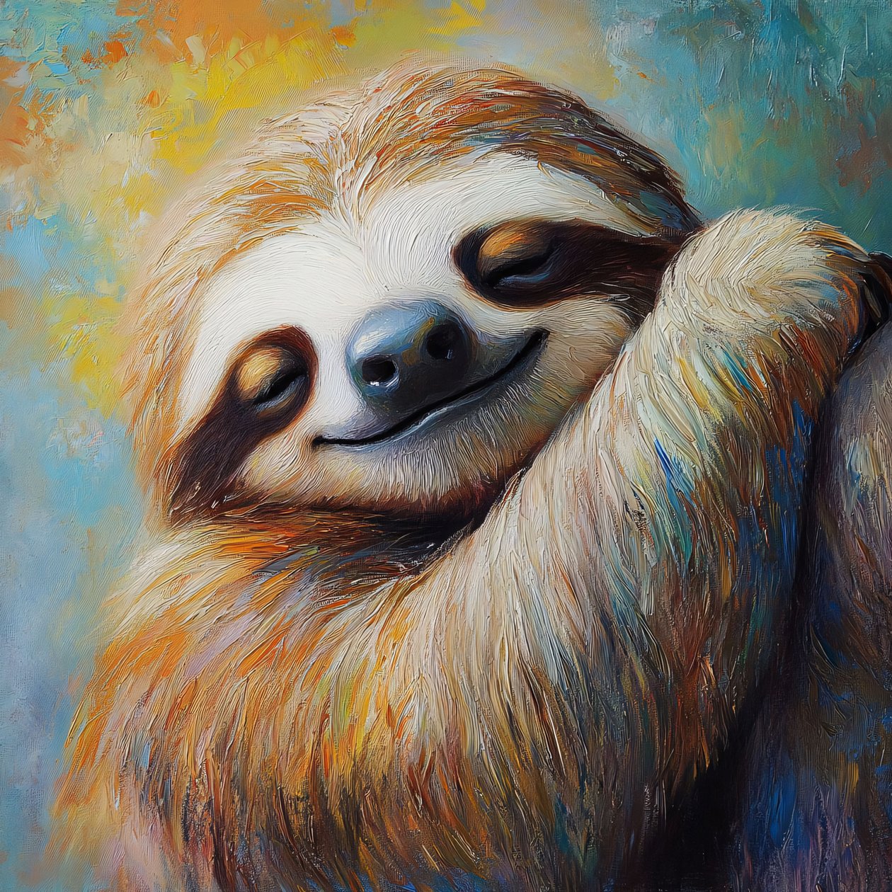 快乐祥和的树懒抽象写实绘画，在线帆布打印 作者 法赫塔利·阿卜杜勒拉希姆