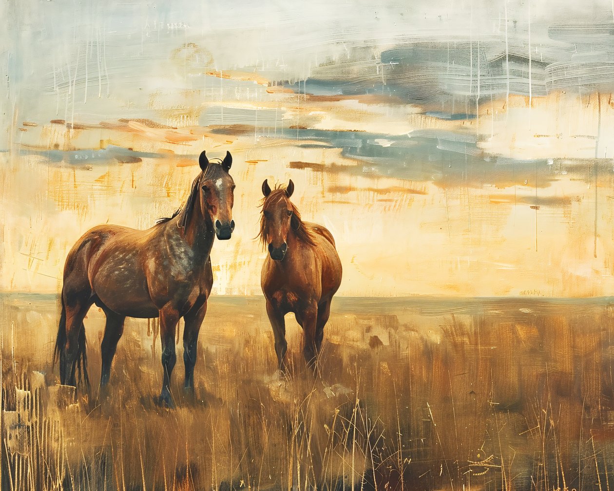 油画《夕阳下田野中的雄壮骏马》，帆布和墙饰 作者 法赫塔利·阿卜杜勒拉希姆