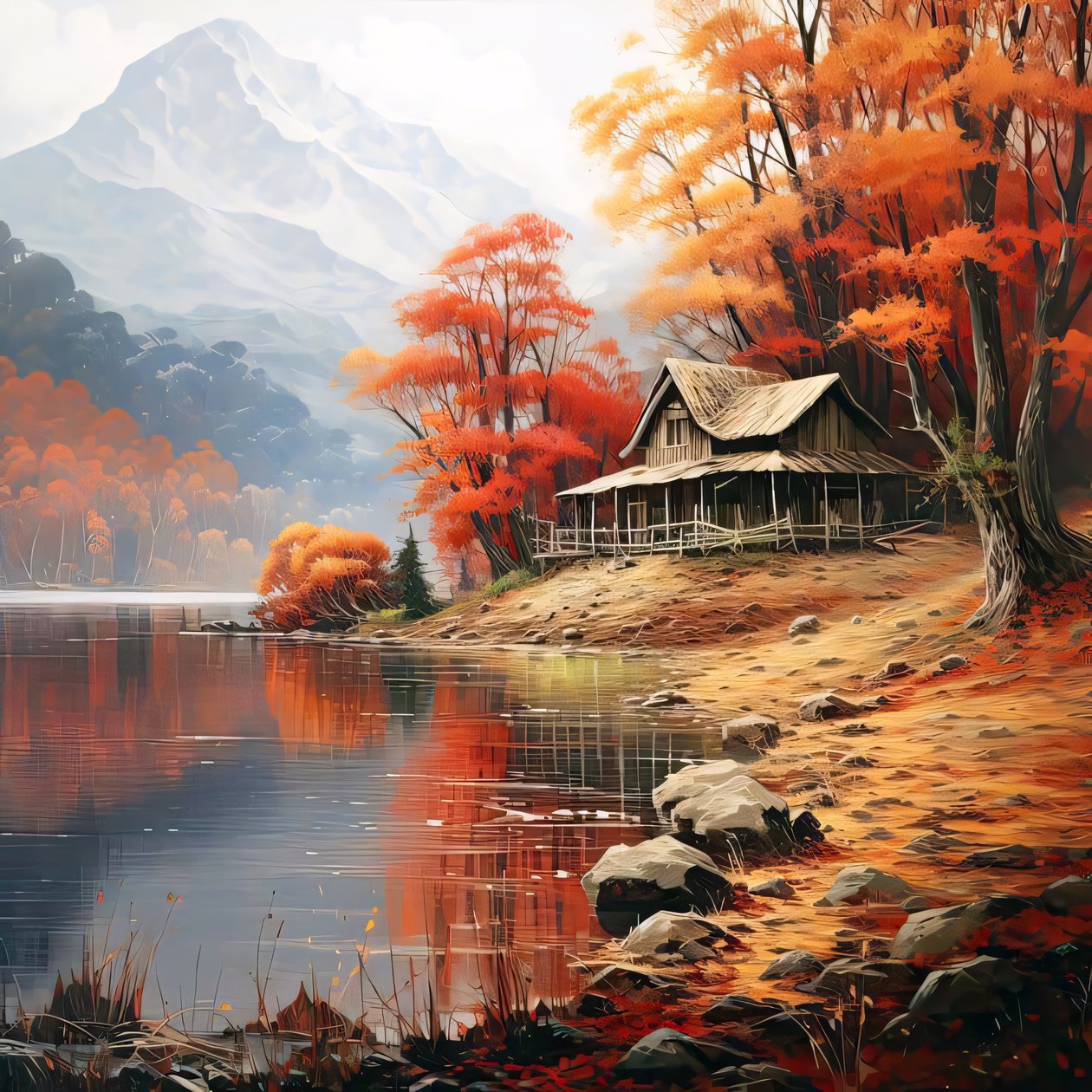 河边树林中的小屋，卧室墙面装饰画 作者 法赫塔利·阿卜杜勒拉希姆