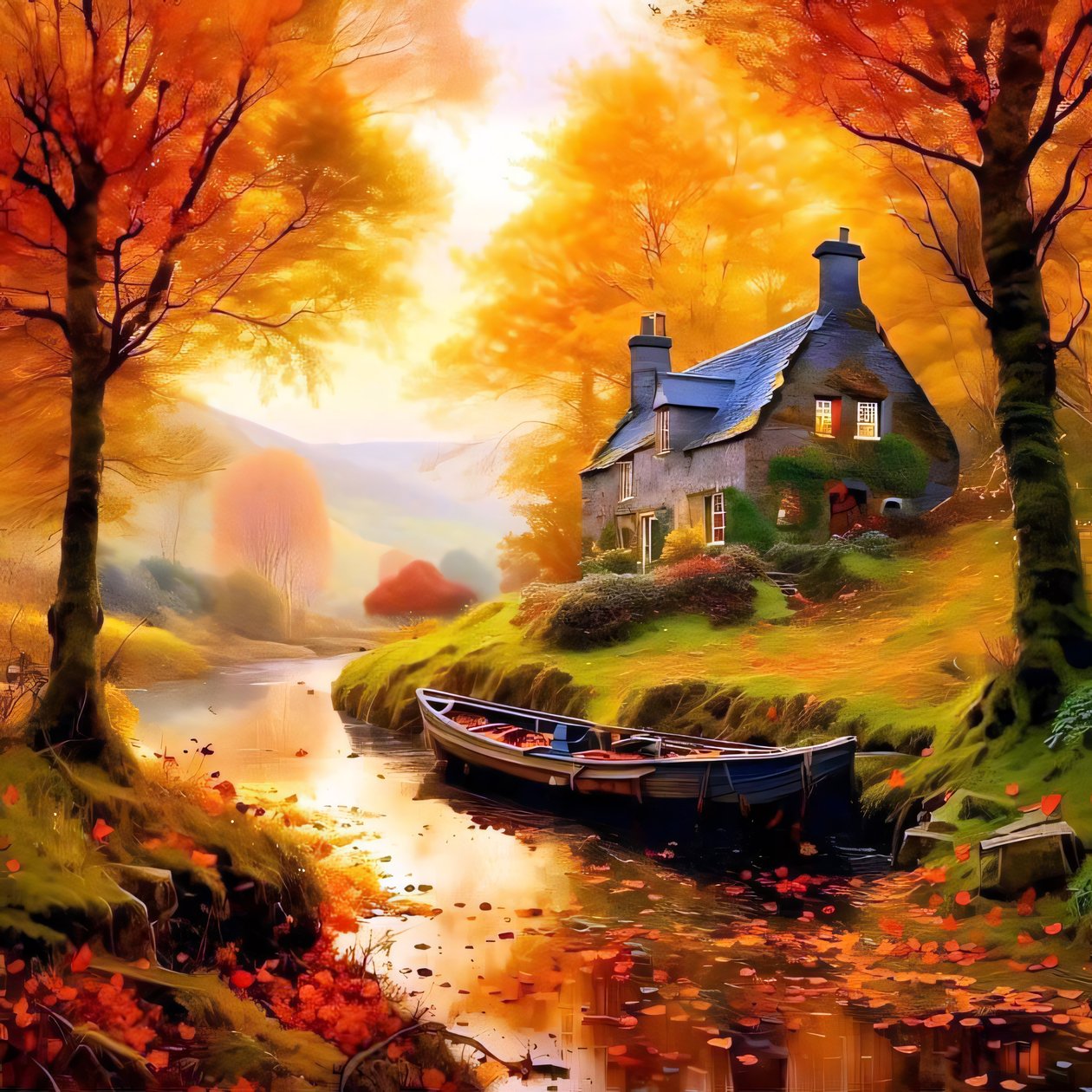 林中小屋与溪流的绘画，秋景 作者 法赫塔利·阿卜杜勒拉希姆