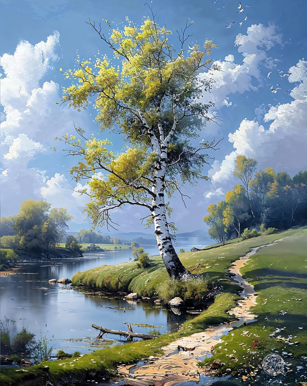 树木与河流，平静的水面延伸至地平线, 景观 作者 法赫塔利·阿卜杜勒拉希姆