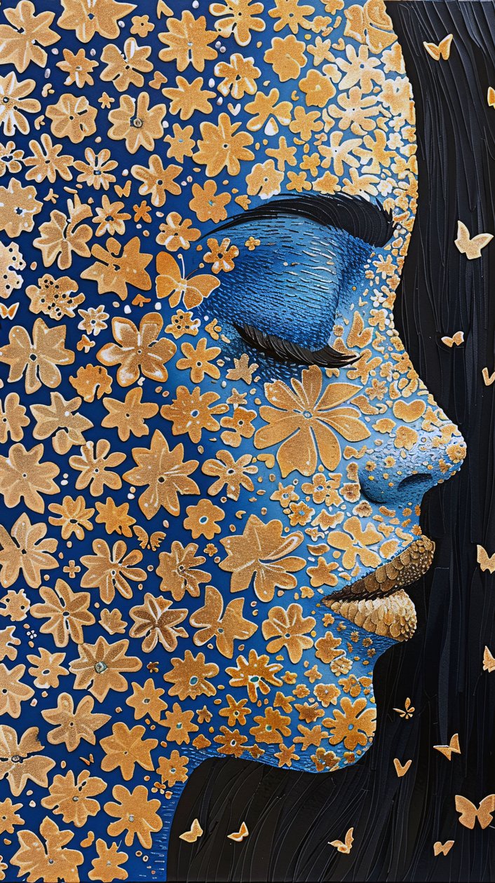 女人的脸，金箔机器人 Rangoli 花力，墙壁装饰创意 作者 法赫塔利·阿卜杜勒拉希姆