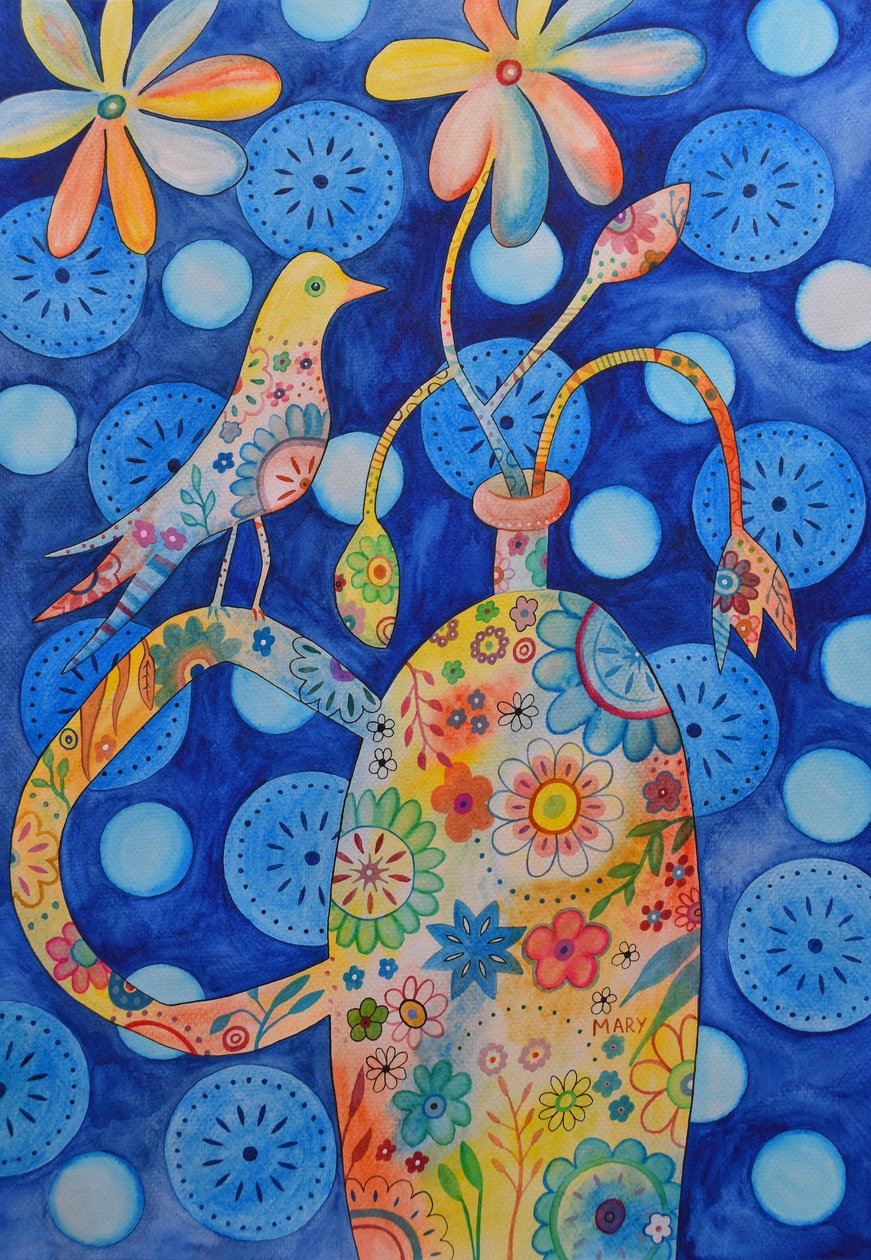 花瓶上的小鸟 作者 玛丽的水彩画