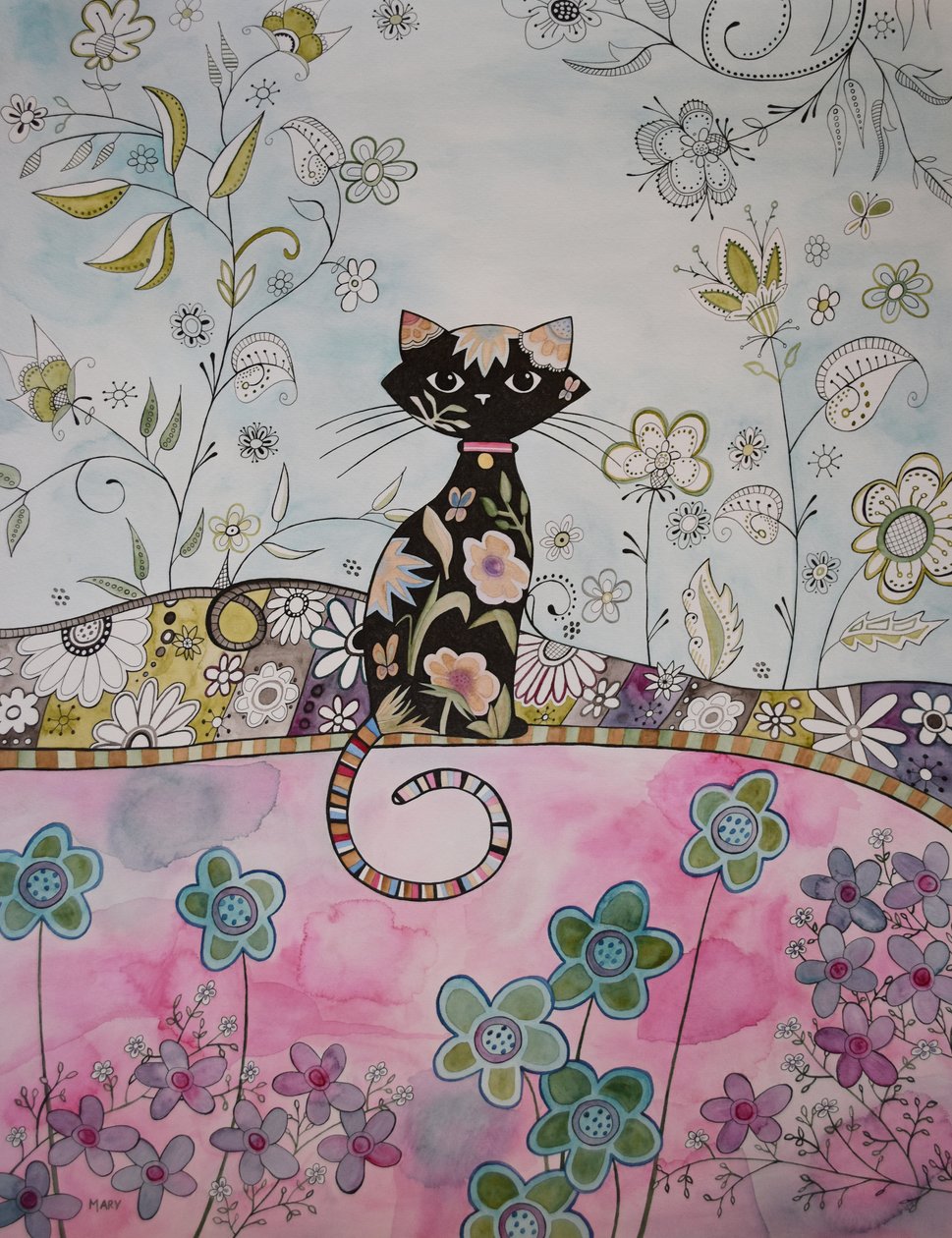 黑色小猫 作者 玛丽的水彩画