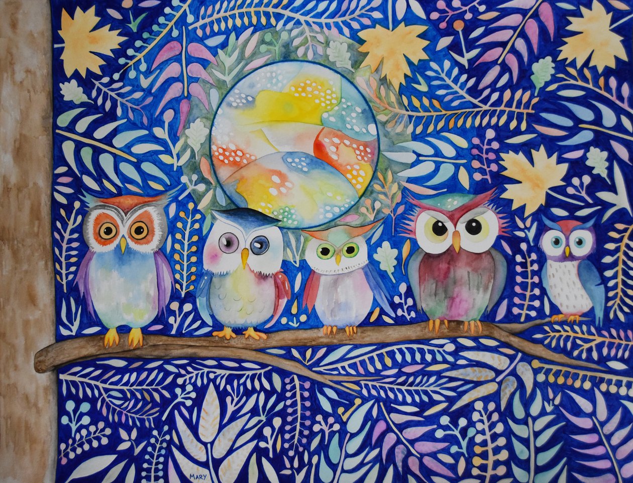 夜晚的猫头鹰 作者 玛丽的水彩画