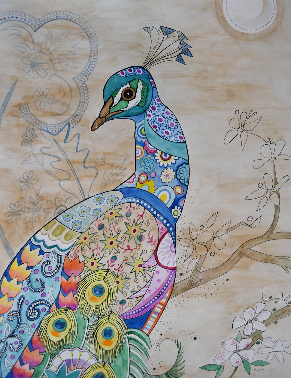 骄傲的孔雀 作者 玛丽的水彩画