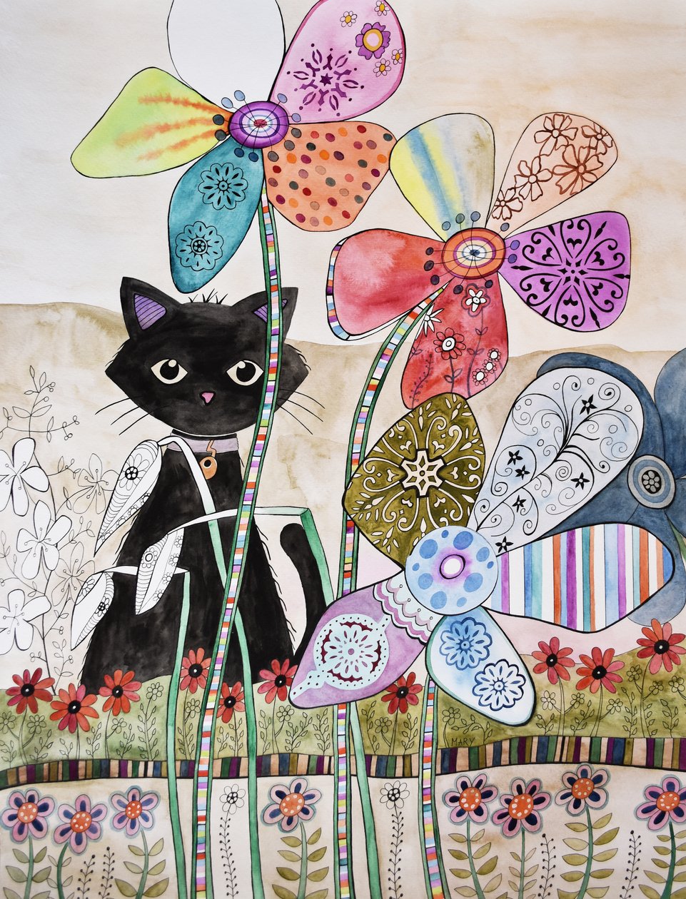 花后面的猫 作者 玛丽的水彩画