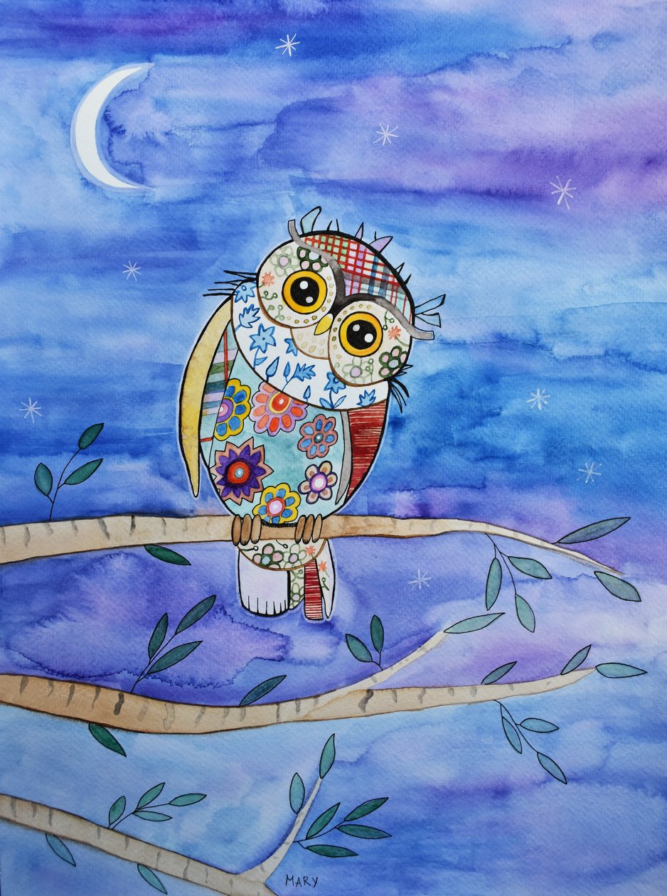 小猫头鹰 作者 玛丽的水彩画
