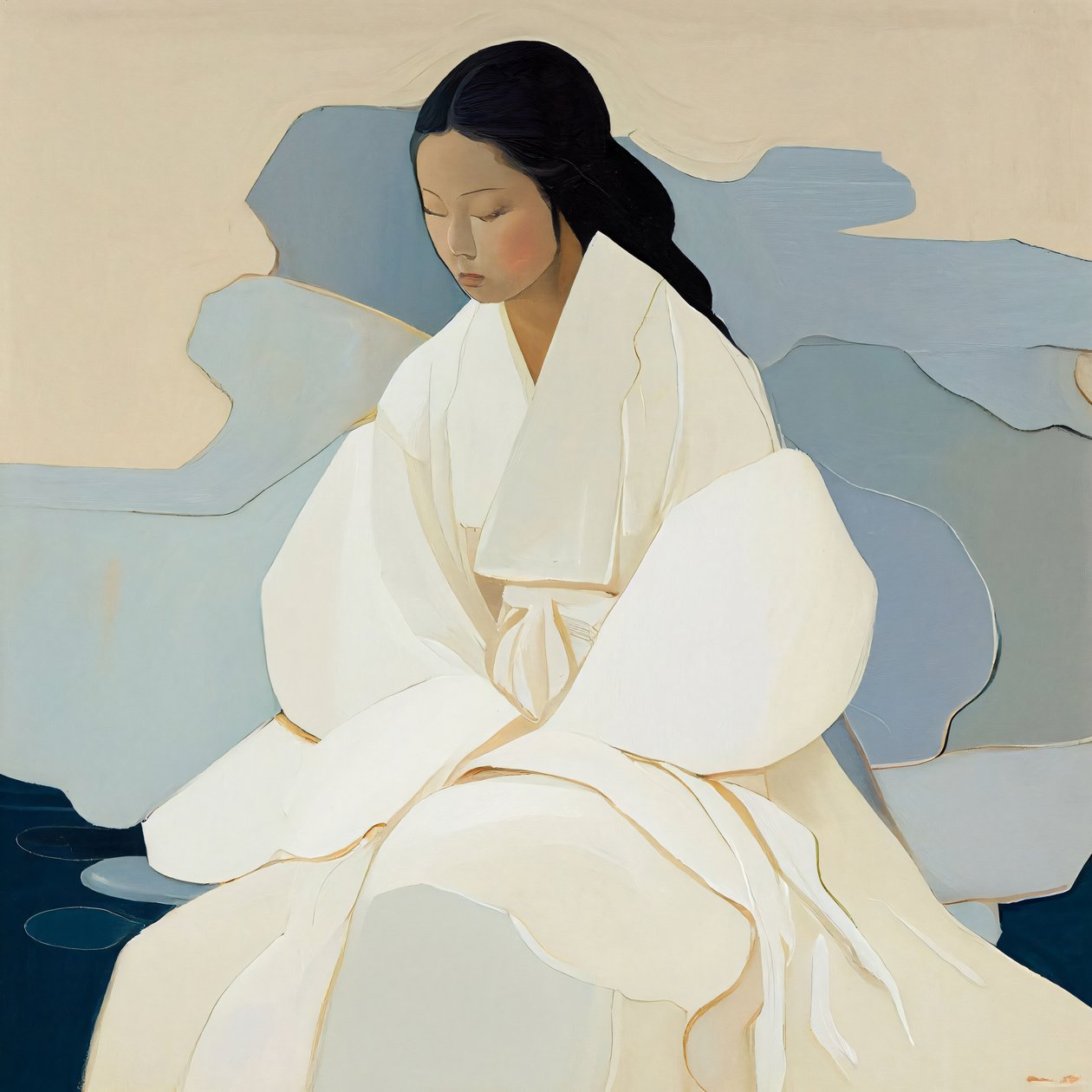 一幅韩国画，一位穿着传统韩服的妇女，墙面装饰画，待售 作者 法赫塔利·阿卜杜勒拉希姆