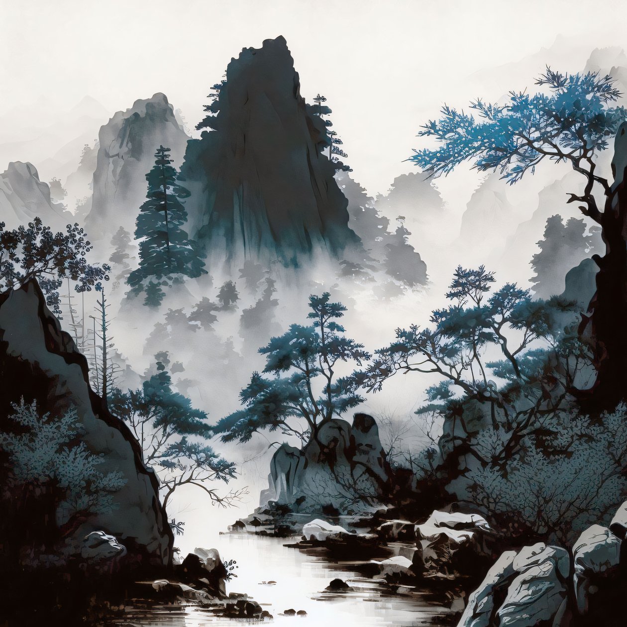 山水风格的青花山河雾，卧室墙饰 作者 法赫塔利·阿卜杜勒拉希姆
