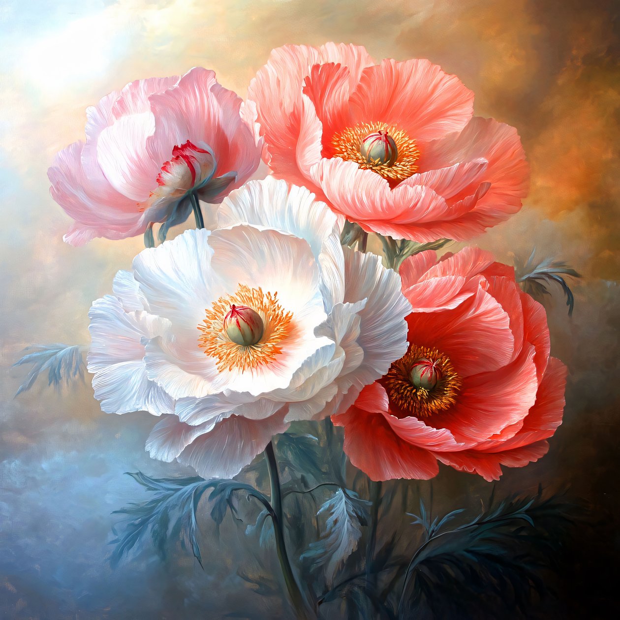油画，大型精致牡丹和罂粟花，墙面艺术装饰和帆布打印画 作者 法赫塔利·阿卜杜勒拉希姆