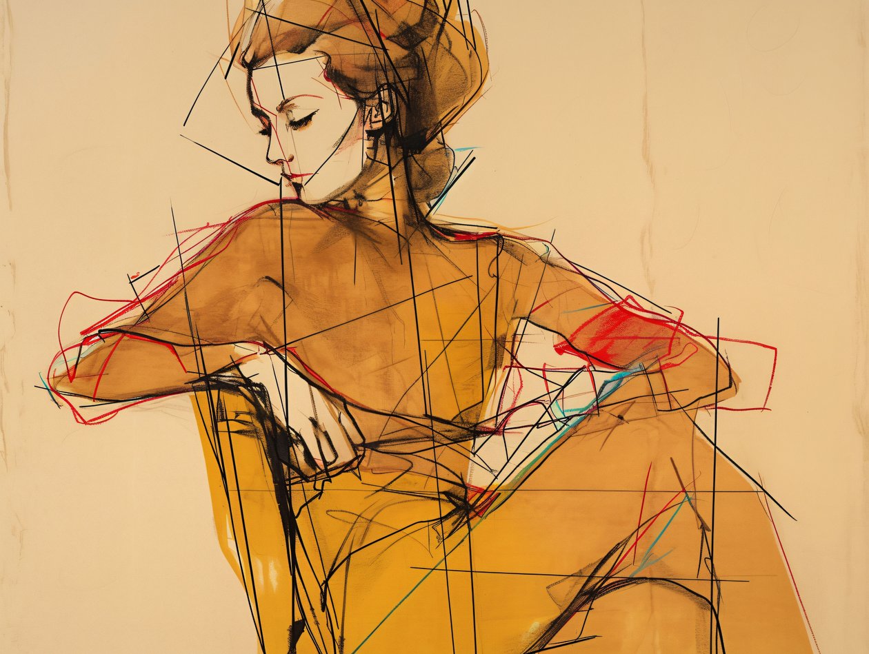 女性坐姿的时尚插画和素描，优雅的棕色连衣裙肖像，艺术版画 作者 法赫塔利·阿卜杜勒拉希姆
