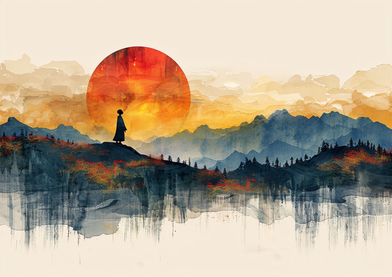 艺伎站立，极简主义风景与日落，现代墙面装饰 | 按需打印 作者 法赫塔利·阿卜杜勒拉希姆