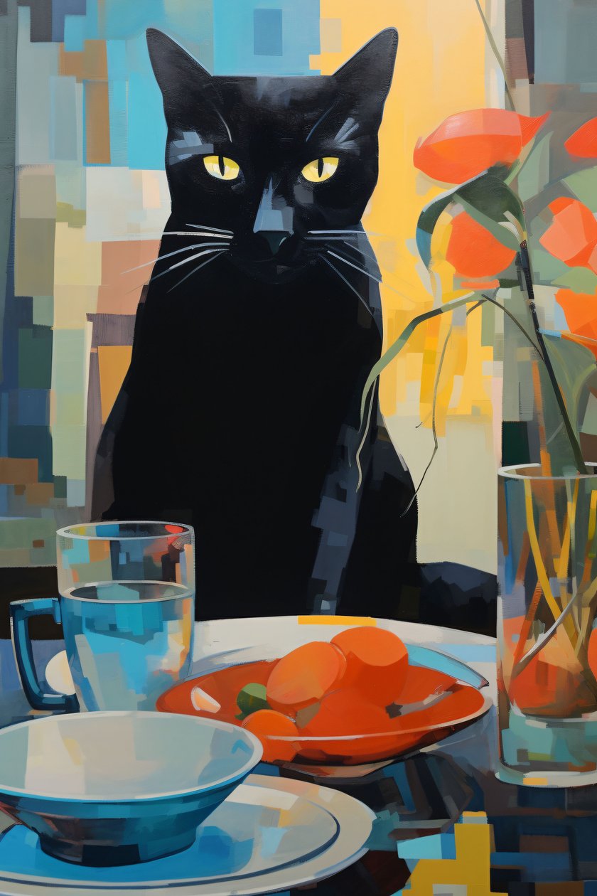 黑猫在花盘上用餐的画作，按需制作的墙面艺术印刷品 作者 法赫塔利·阿卜杜勒拉希姆