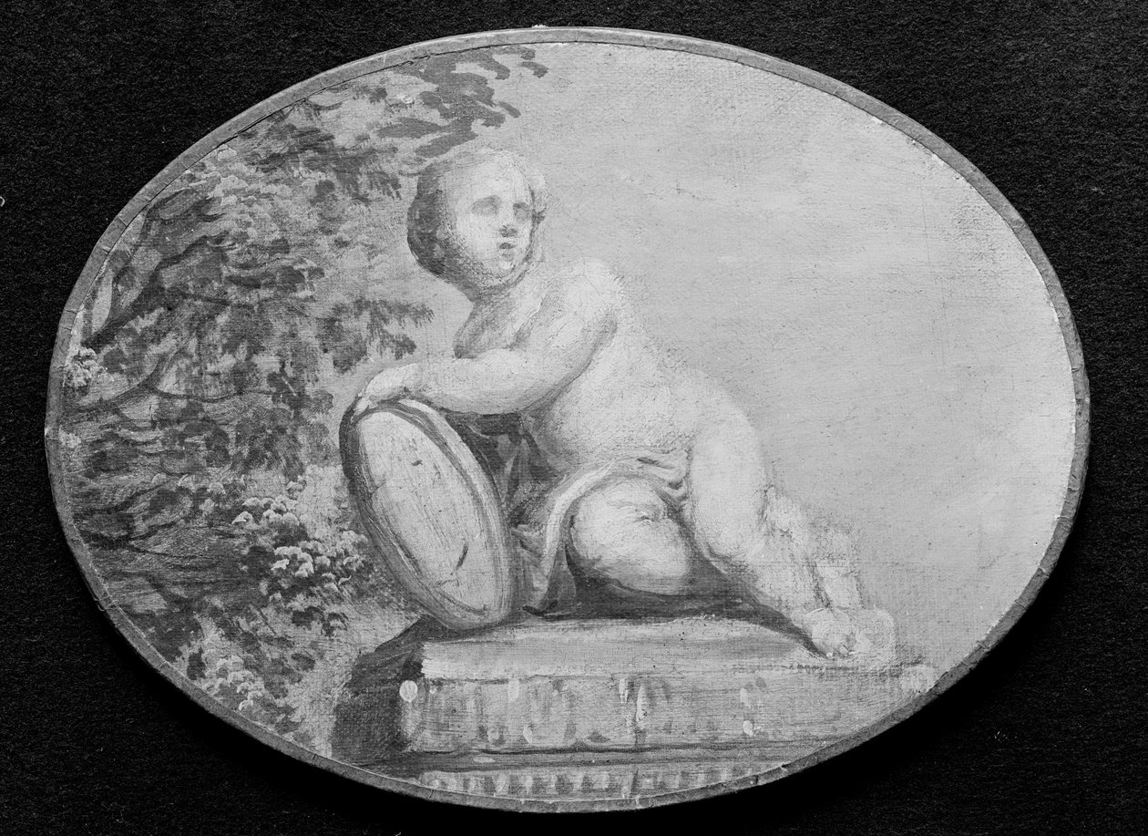 基座上的普托，背景是绿色植物，18世纪。 作者 18世纪。法国画家