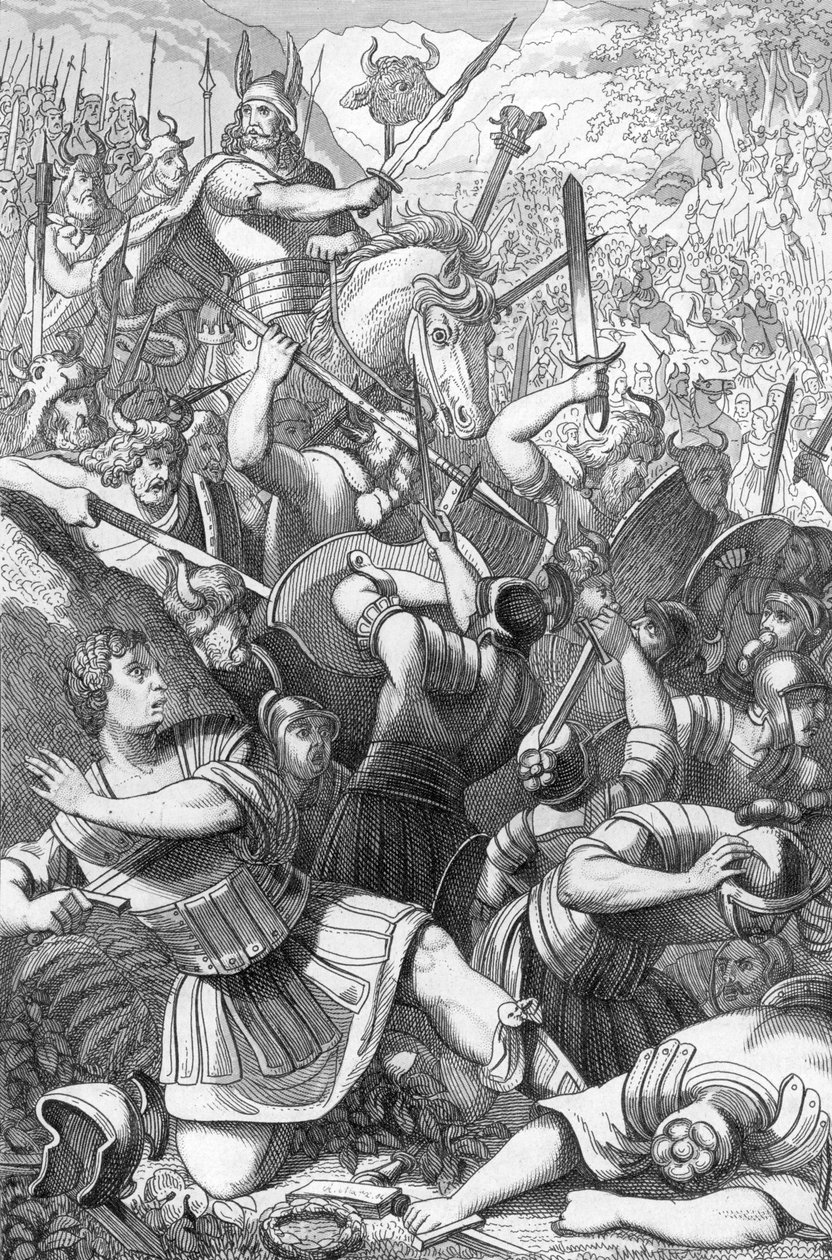 公元 9 年，谢鲁斯坎人首领阿米尼乌斯（Arminius，公元前 18 年至公元 21 年）在与罗马人对阵日耳曼人的特伊托堡（Teutoburger Wald 或 Teutberg）战役中（阿米尼乌斯（赫尔曼）率领的谢鲁斯坎人在特伊托堡森林击败了瓦鲁斯率领的罗马第 17-19 军团）。 作者 19世纪波兰画派