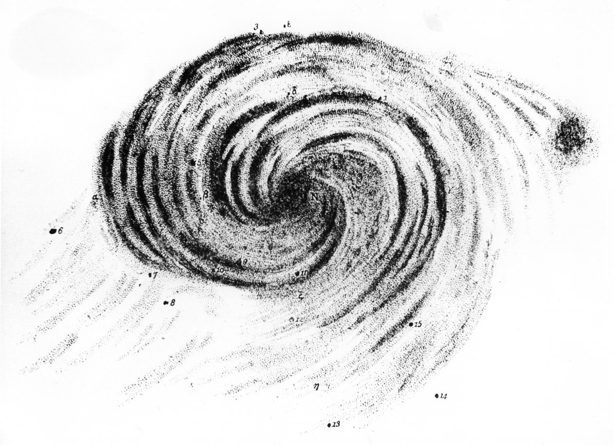 Rosse勋爵于1850年绘制的Canes Venatici螺旋星系的观测图。 作者 第三代罗斯伯爵威廉帕森斯