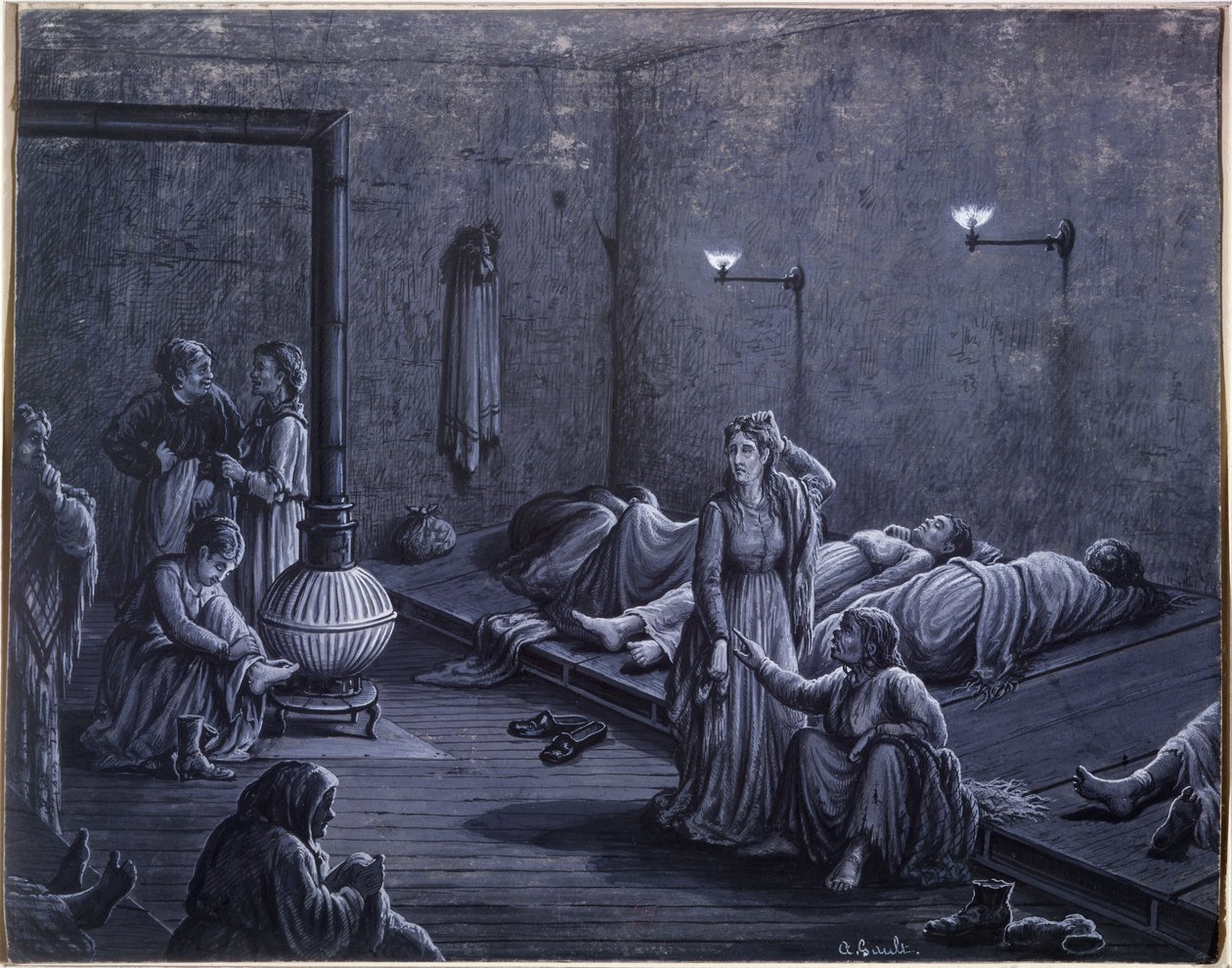 贫困妇女的夜间住房的内部，1850-60 作者 戈特